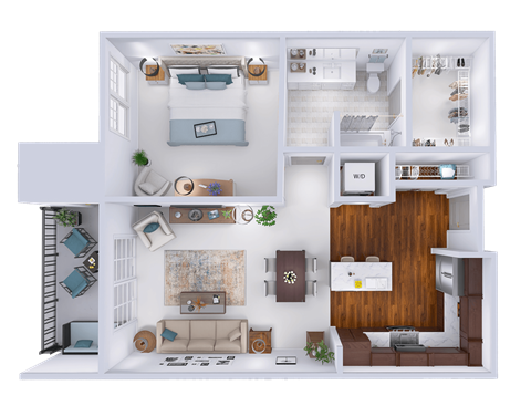 a 3d floor plan of a house with a bedroom and a living room